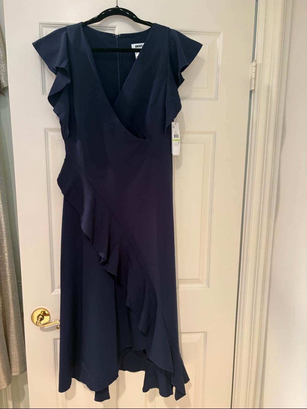 DKNY Navy Ruffle Wrap-Style Midi Dress